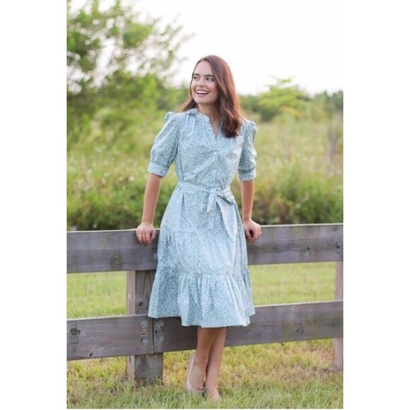 Draper James S Midi Dress Green Floral Peasant Tiered Puff Sleeve Button Cotton - Picture 1 of 8